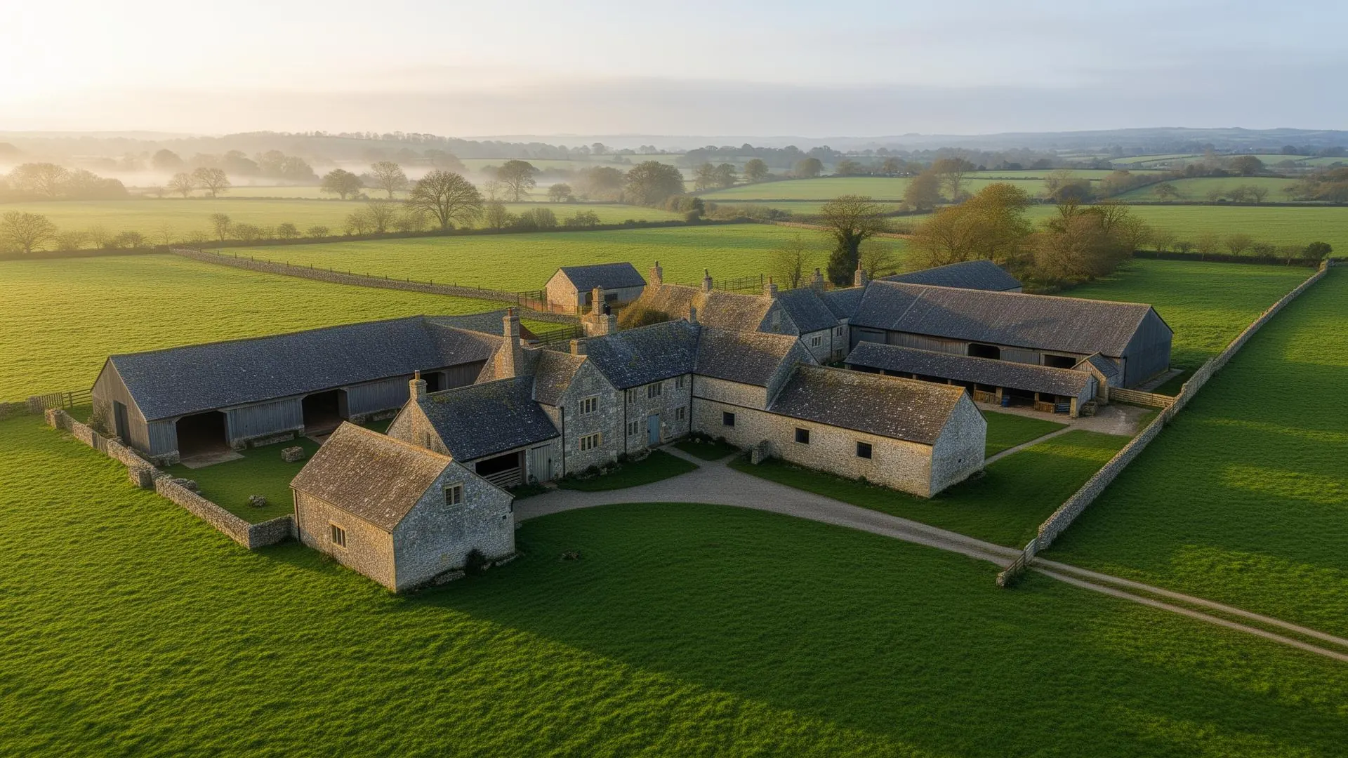 Aerial view of a farm with connected outbuildings