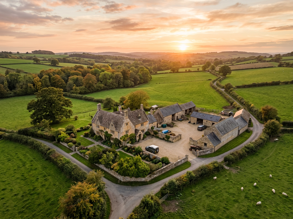 Aerial view of an English country estate at golden hour