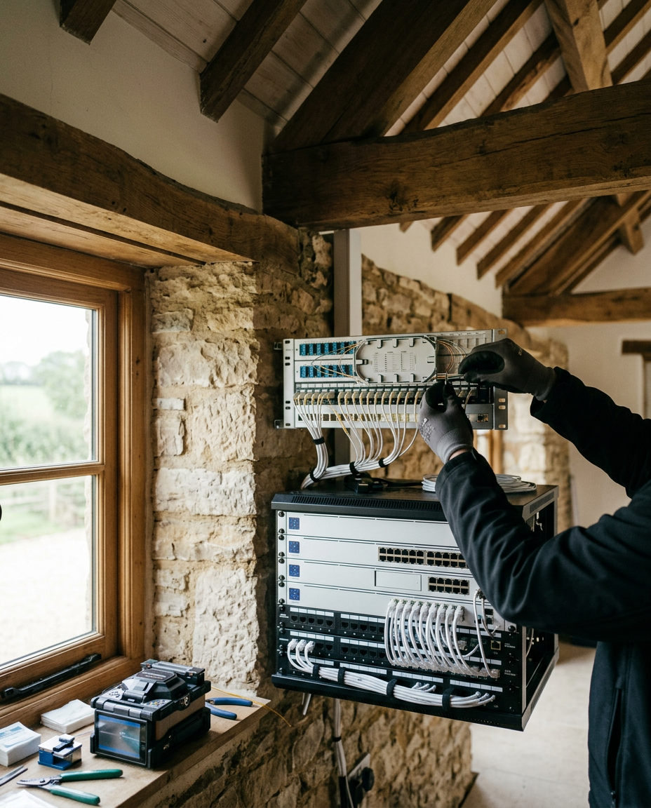 Engineer terminating fibre into a network rack inside a converted English barn