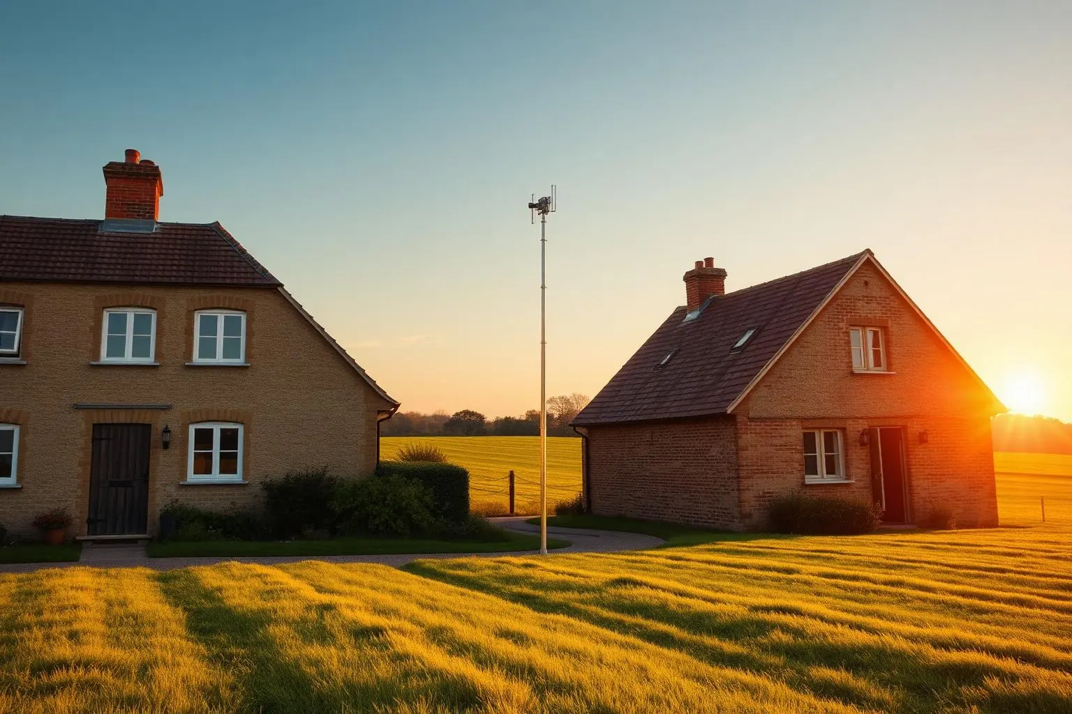 Wireless point-to-point link illustrated between two countryside buildings at golden hour