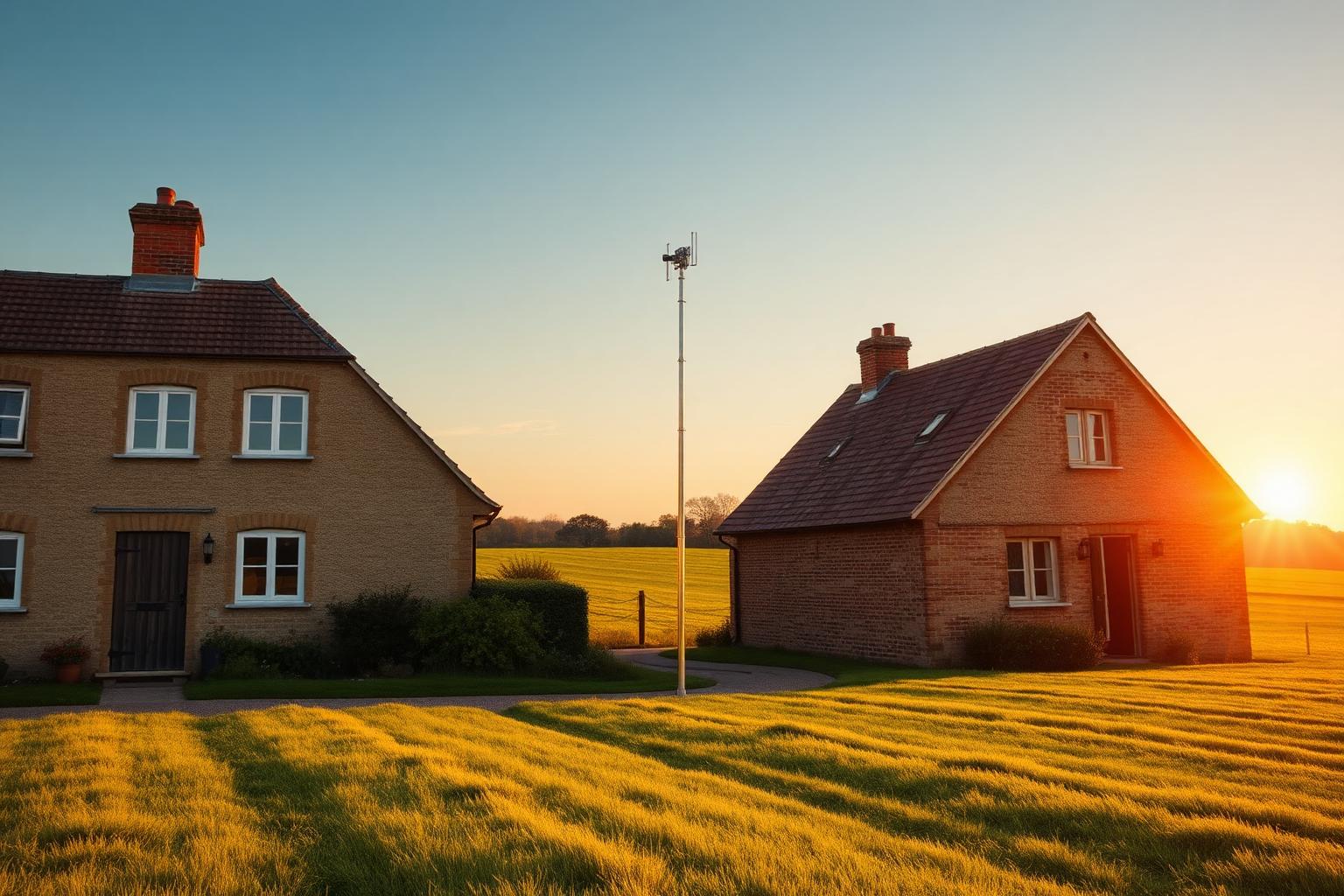 Wireless point-to-point link mounted between two English countryside buildings at golden hour