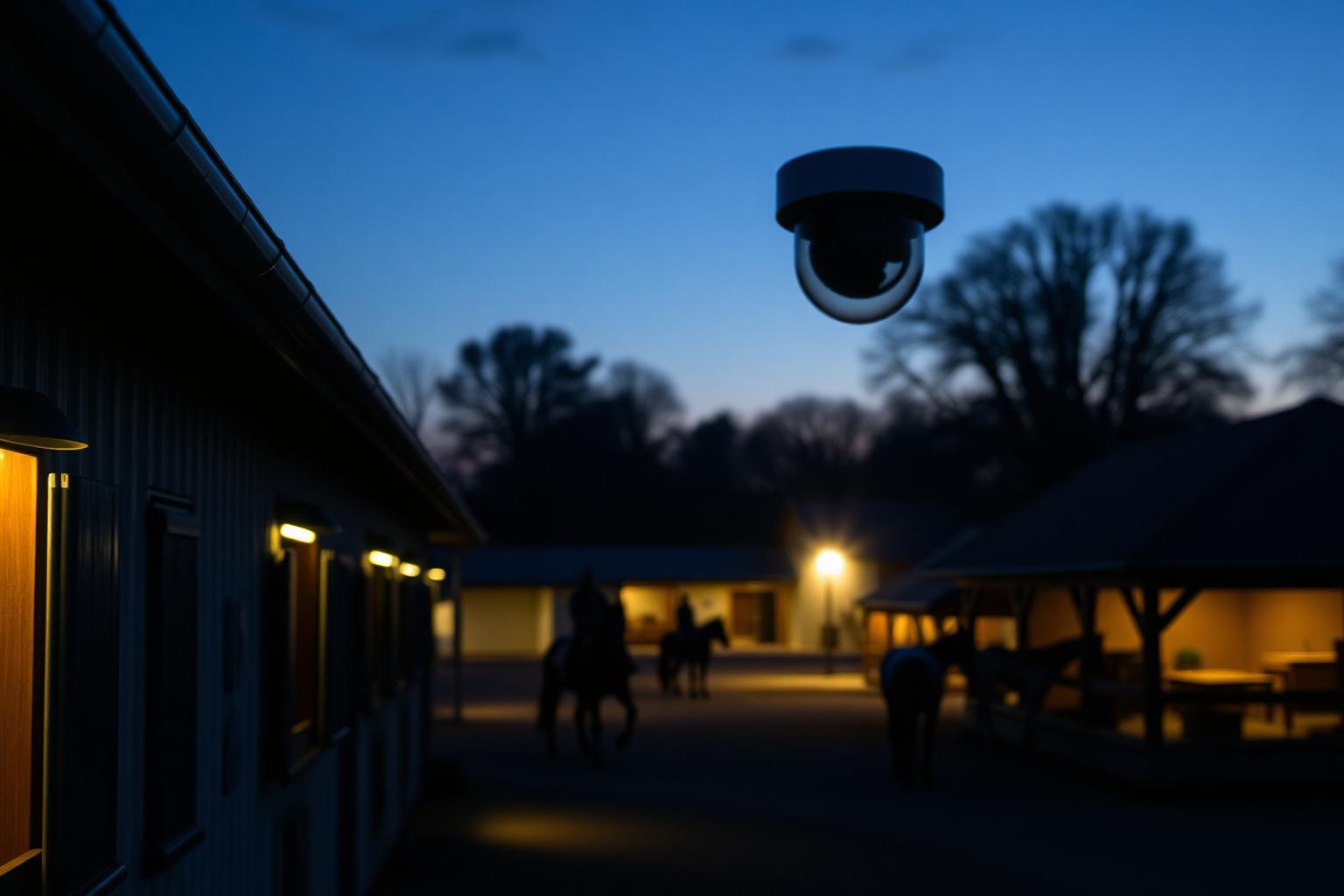 Discreet outdoor security camera mounted at an English equestrian centre at dusk