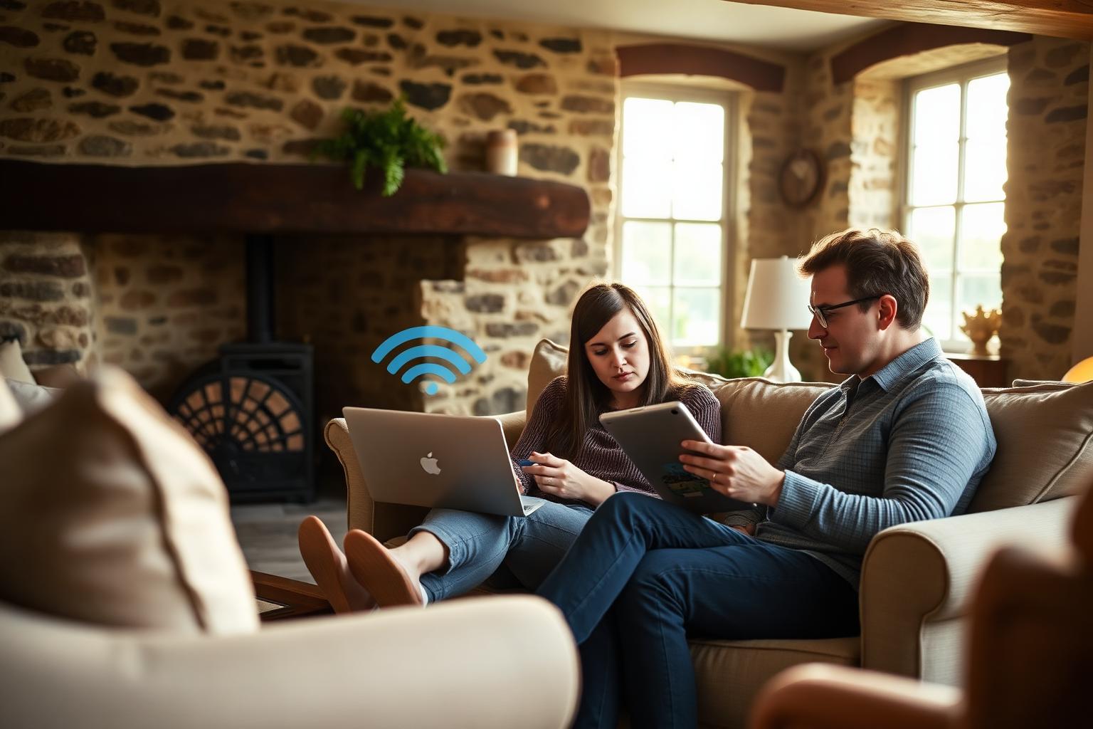 Family using a laptop and tablet in a Cotswolds stone holiday cottage with reliable WiFi