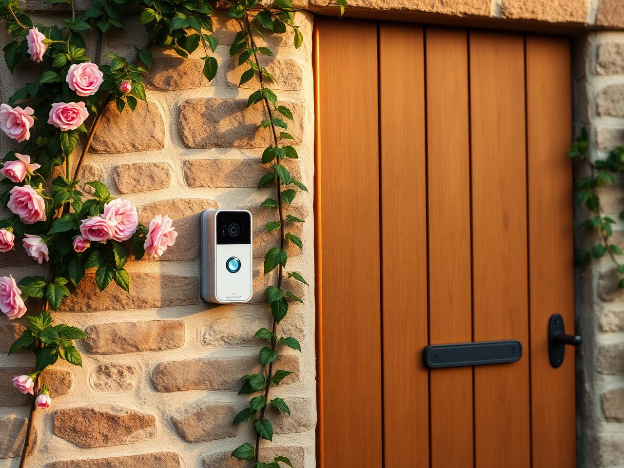 Smart video doorbell at stone cottage entrance