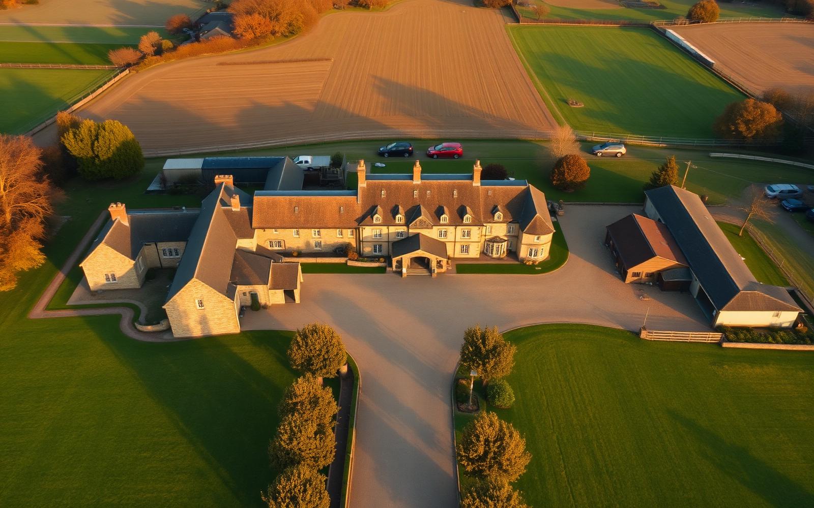 Aerial view of a working English dairy farm with multiple buildings
