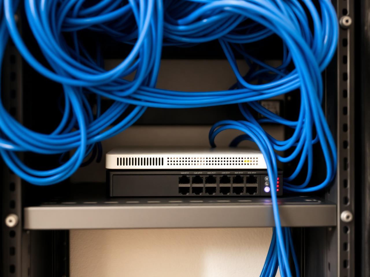 Tidy network rack with patch panel and PoE switch