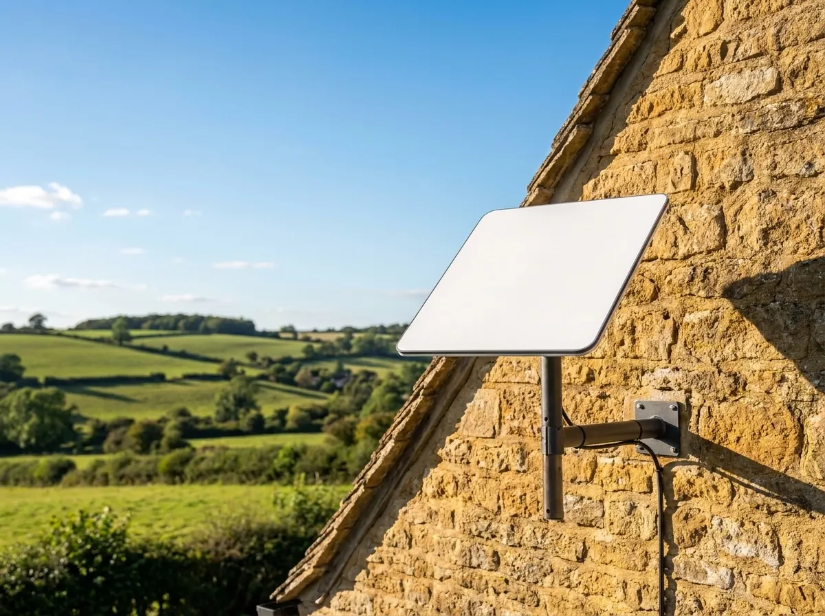 Satellite dish installed on stone barn