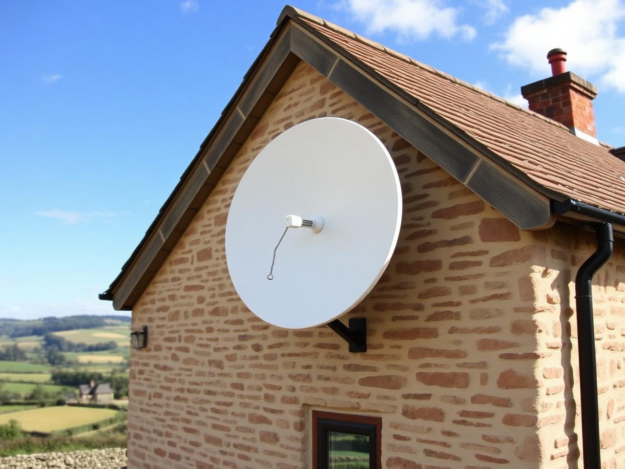 Starlink satellite dish mounted on a stone barn gable