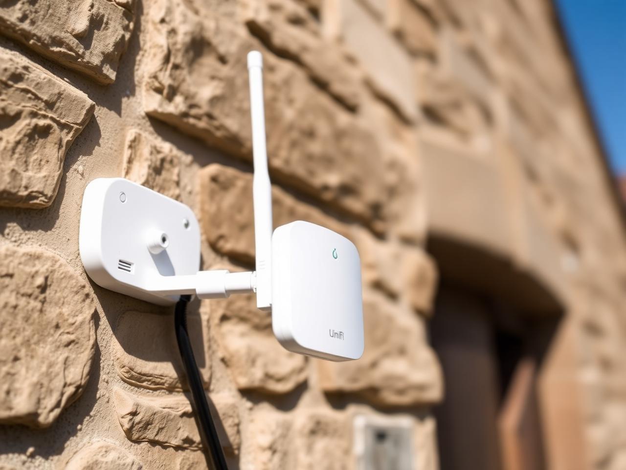 UniFi access point installed on a stone barn at a Cotswold farmhouse