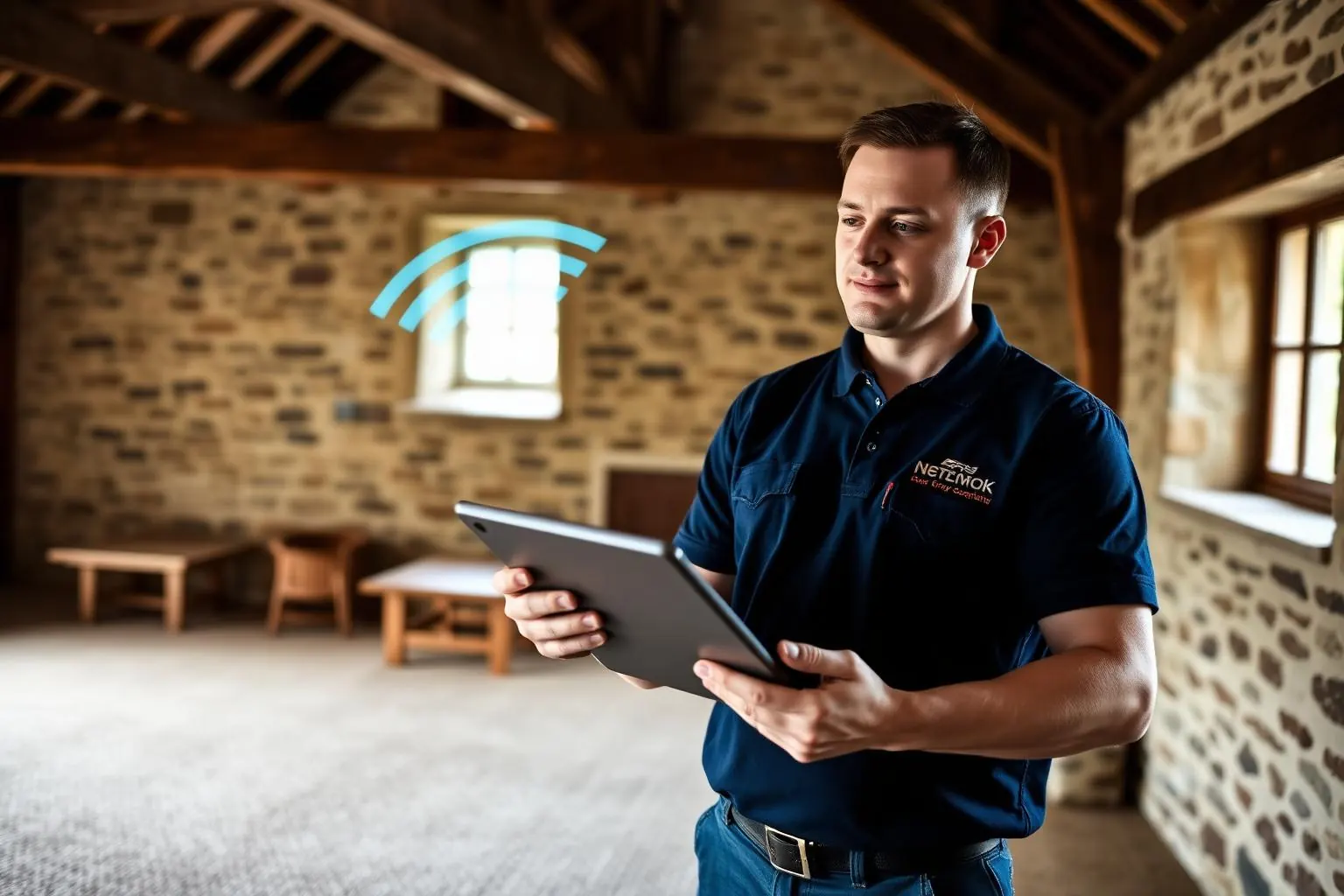 Network specialist testing WiFi signal with a tablet in a rural barn