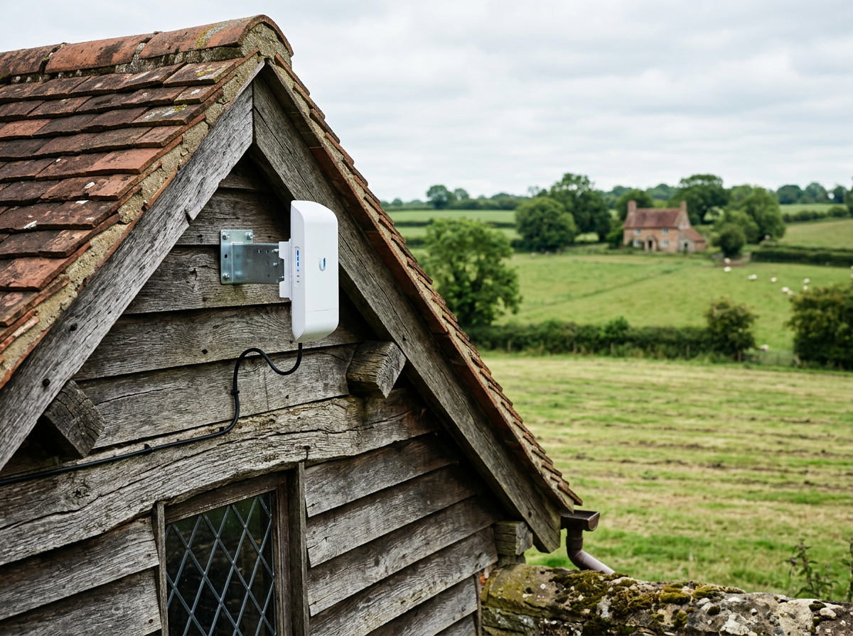 Weatherproof wireless bridge on a rural outbuilding