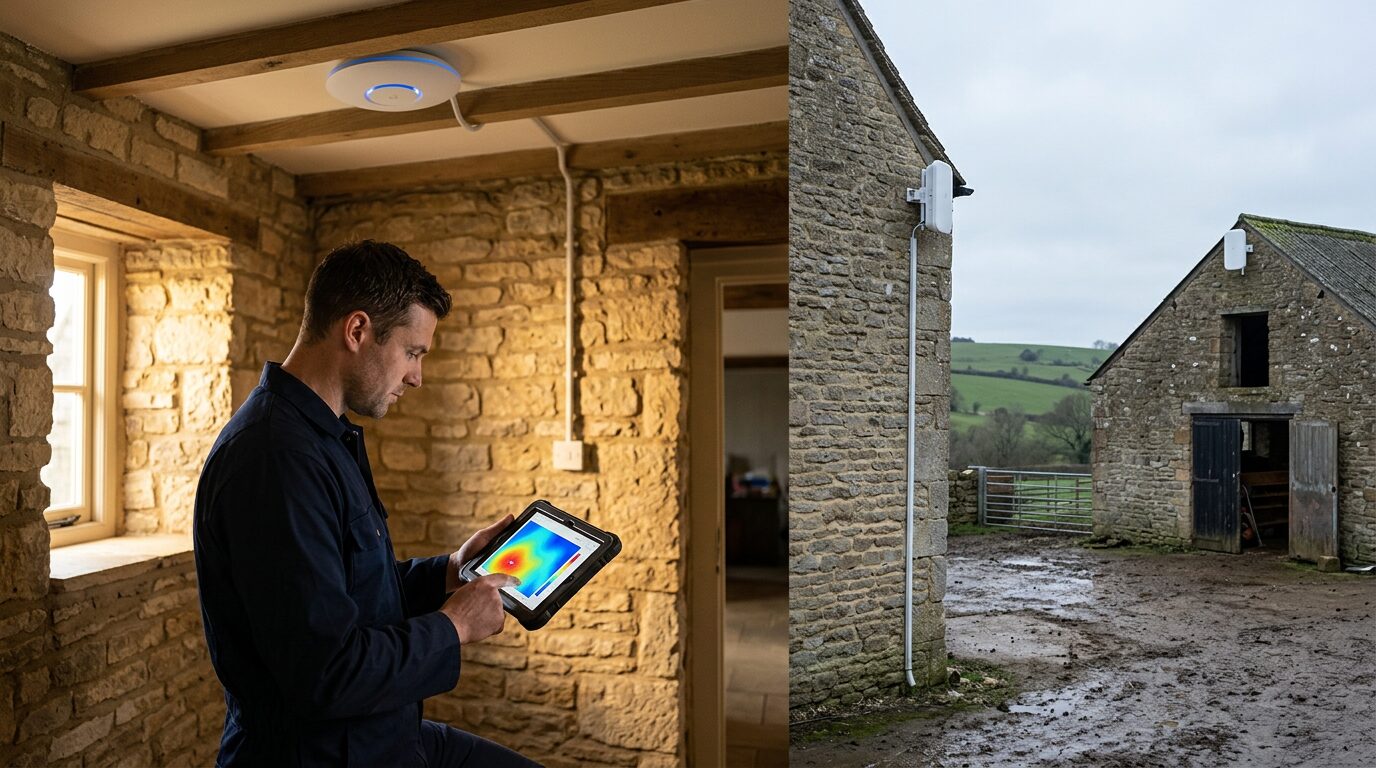 Engineer checking WiFi coverage with a heatmap survey tablet inside a stone barn, and an access point mounted on a barn exterior